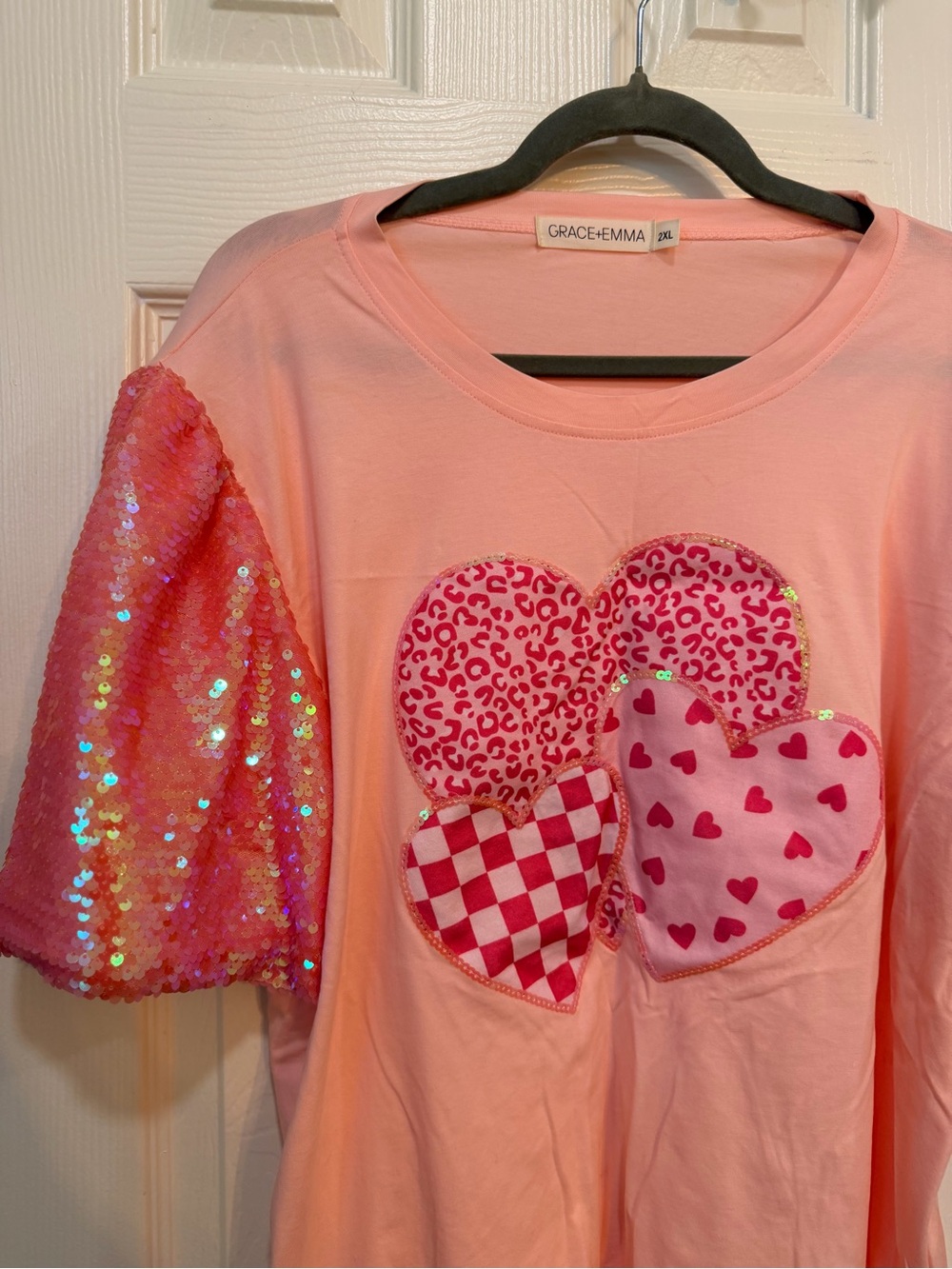 Pink Sequin Sleeve Heart Patch Blouse